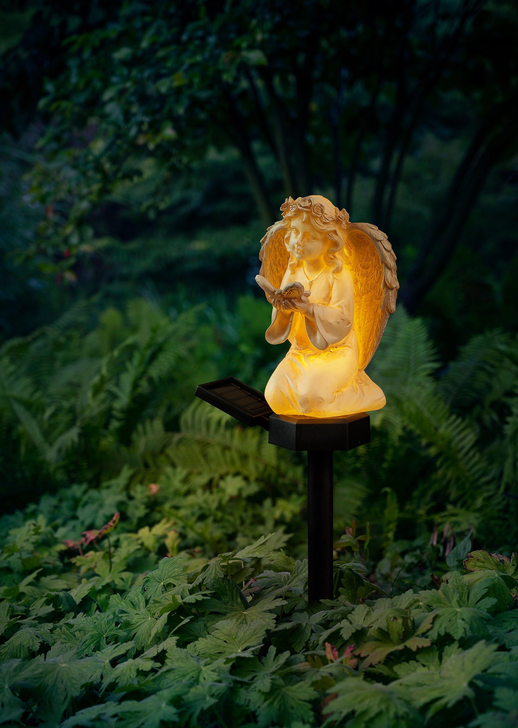 IC Gardenworld LED Solarleuchte Engel Figur mit Solar LED Licht, aus Kunststein gefertigt, LED fest integriert, Warm-weiß, inkl. Erdspieß – Bild 2 von 4
