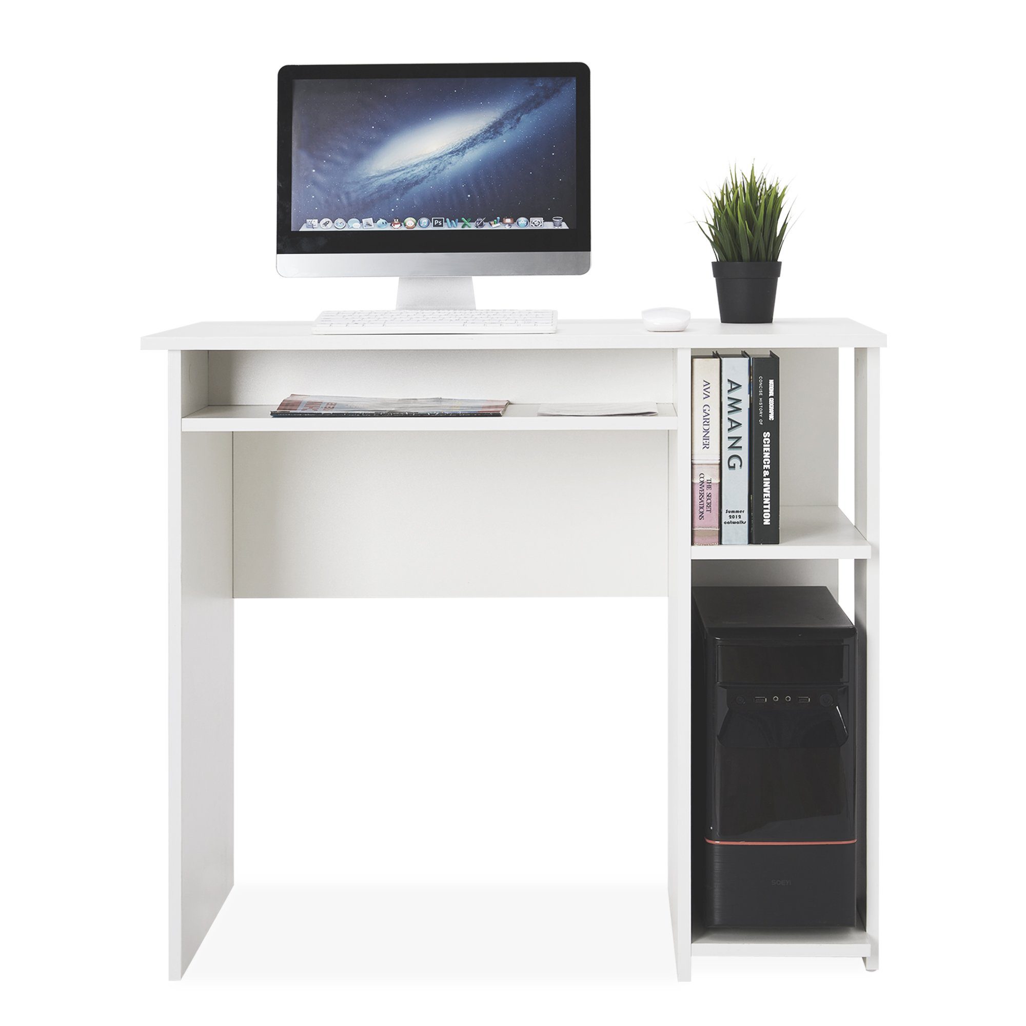 Meerveil Schreibtischstuhl Computertisch, Kabelführungsloch, Ablagefach Weiß und mit