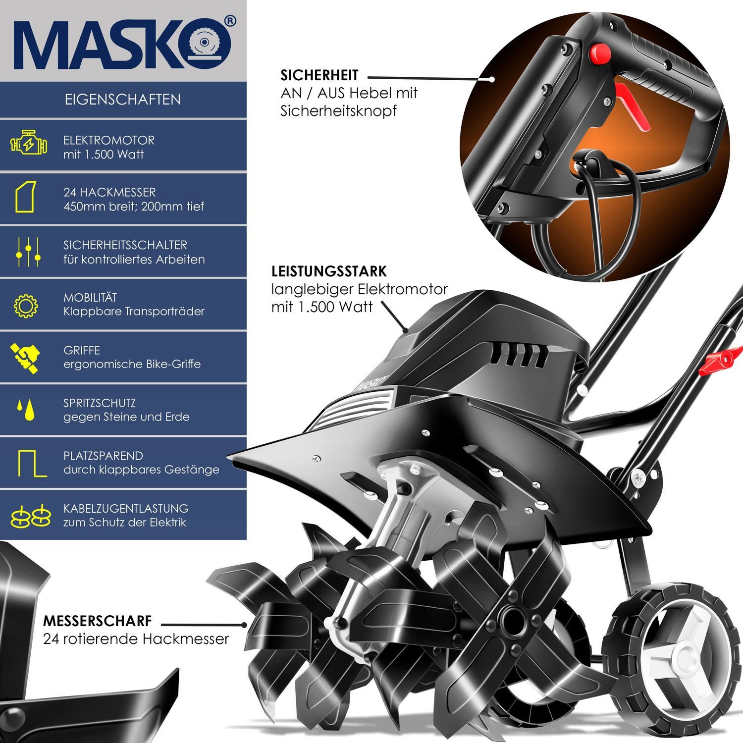 MASKO Elektromotorhacke, Gartenfräse elektrische Motorhacke 1500 Watt 40cm Arbeitsbreite 20cm