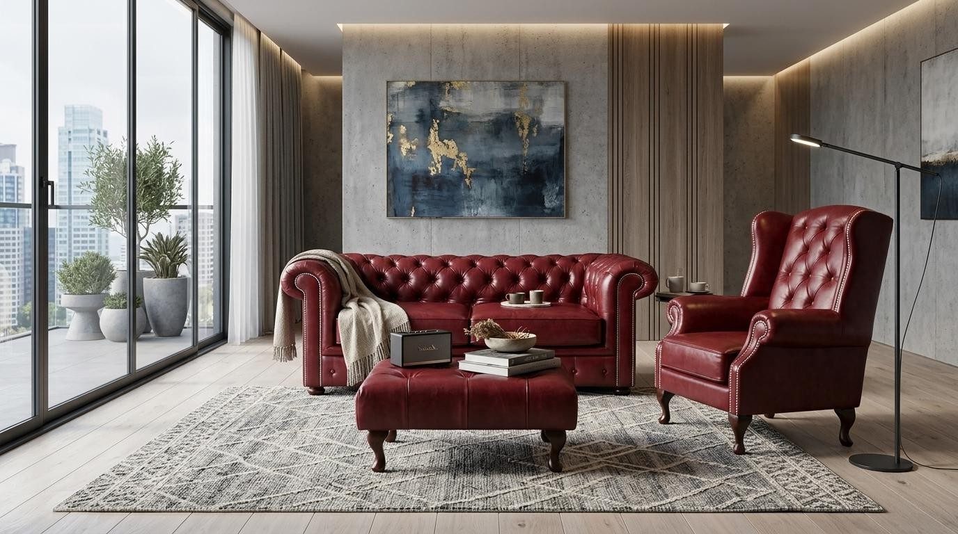 Xlmoebel Polstergarnitur Klassisches Braunes 2-Sitzer Sofa Sessel Hocker Holz Wohnzimmer Set, (1-tlg., 3-tlg)