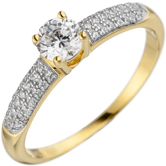 Schmuck Krone Silberring Solitär Ring mit weißen Zirkonia 925 Silber Gelbgold vergoldet Fingerschmuck Silber 925
