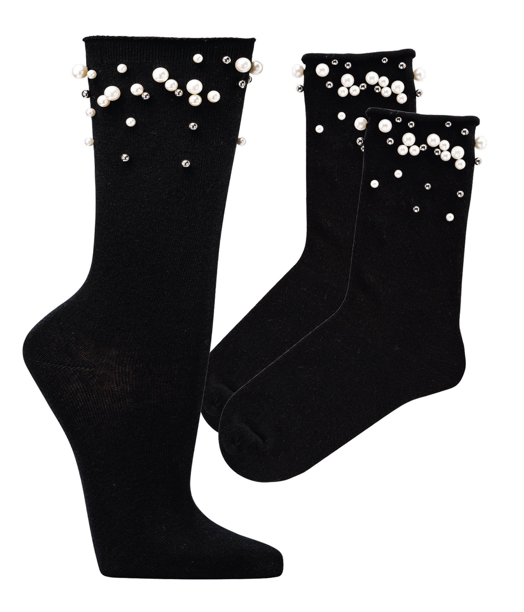 Wowerat Socken Schwarze festliche Socken Damen Teenager Viskose (2 Paar) mit künstlichen Perlen verziert