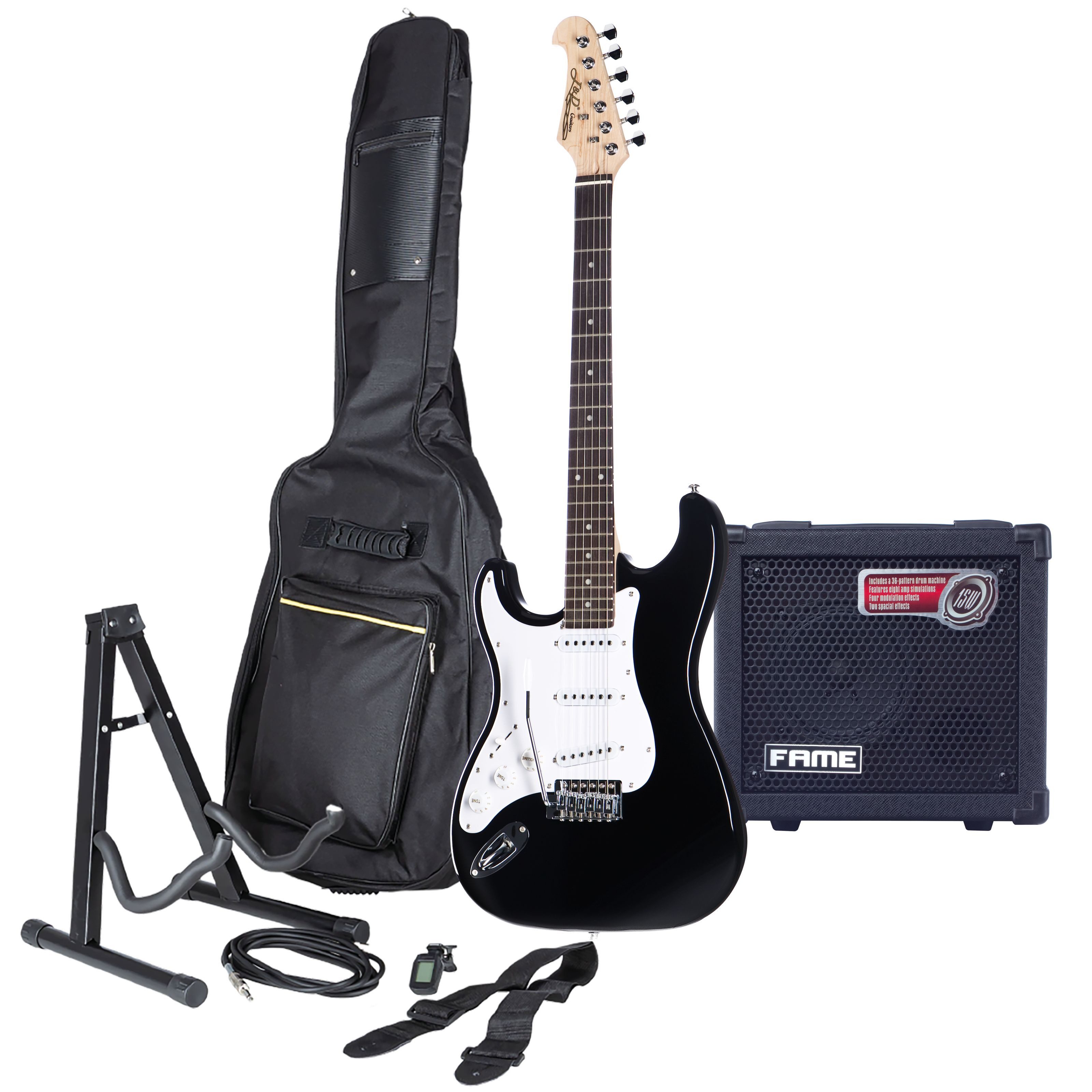 J & D E-Gitarre, E-Gitarren Anfänger Set ST Rock Black LH ST-Style Hardwood Korpus Ahorn Hals SSS Tonabnehmer Vintage Tremolo Brücke Inklusive Verstärker und Zubehör, E-Gitarren, E-Gitarren-Sets, E-Gitarren Anfänger Set, ST Rock Black LH, SSS Tonabnehmer