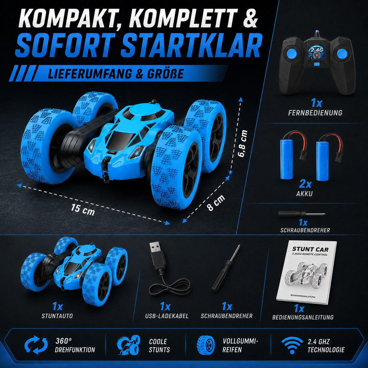 Diyarts RC-Auto (Ferngesteuertes Stuntauto inkl. 2 Akkus & Fernbedienung, Spiel-Set mit Zubehör), Stuntauto 360°-Action, LED-Lichtern & 60 Min. Spielspaß