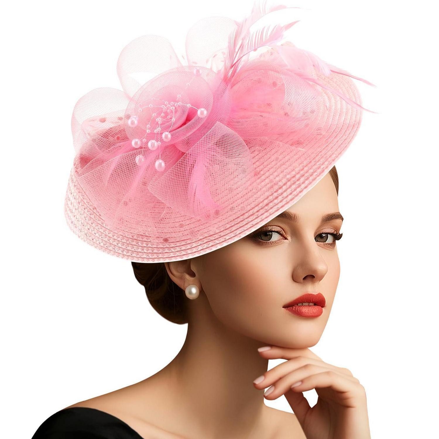 LuxusKollektion Trilby Fascinator Damen Mesh Blume Perle Feder Stirnband Clip 19-pink