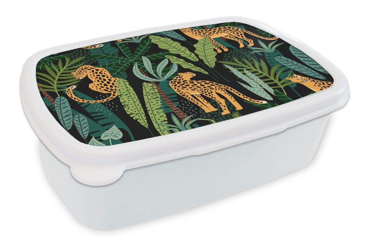 MuchoWow Lunchbox Dschungel - Panther - Muster - Jungen - Mädchen - Pflanzen, Kunststoff, (2-tlg), Brotbox für Kinder und Erwachsene, Brotdose, für Jungs und Mädchen weiß