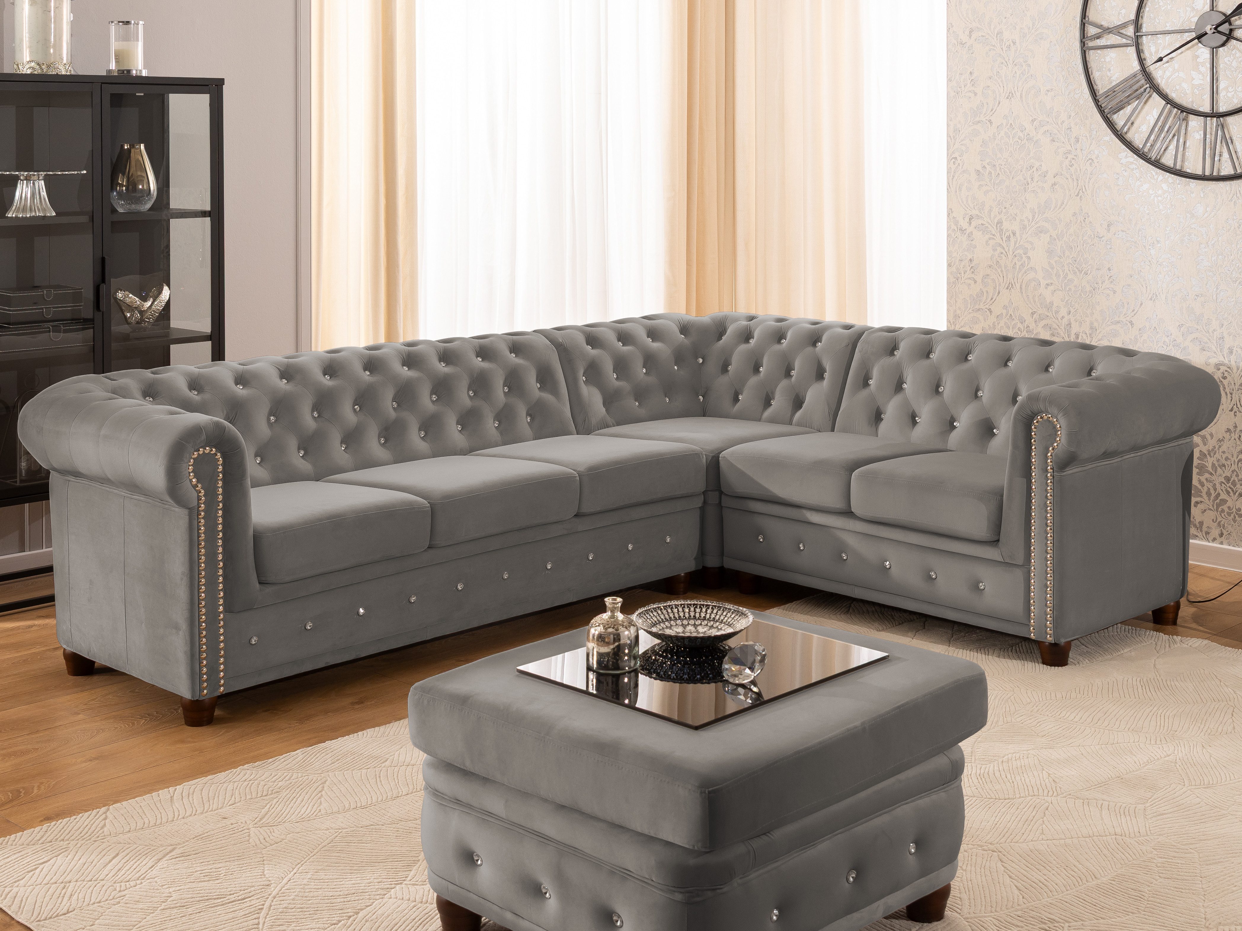 S-Style Möbel Ecksofa Chesterfield L-Form Cleo Blink aus Samt mit Kristallsteppung, mit Wellenfederung