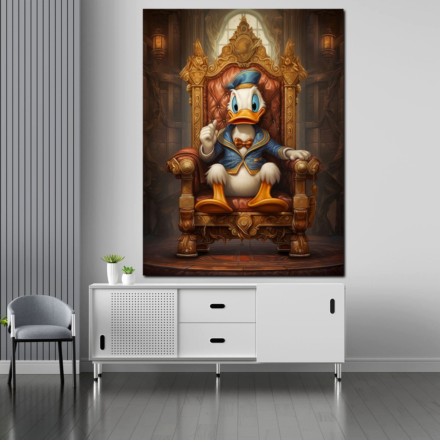 Artedinoi Leinwandbild Comic Duck King Leinwandbild Wandbild Kunstdruck XL Deko, Comic-Ente als König