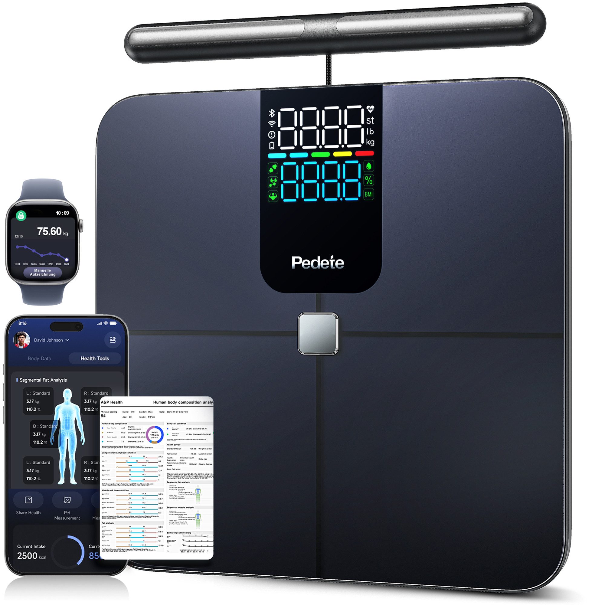OYLCDI Körper-Analyse-Waage Messung von Körperfett, Muskelanteil, Kalorienanzeige usw., mit App zur Übertragung und Tracking der Messwerte, Full Body Scan, BMI, Körperfett, Wasser & Muskelanteil, bis zu 180 kg