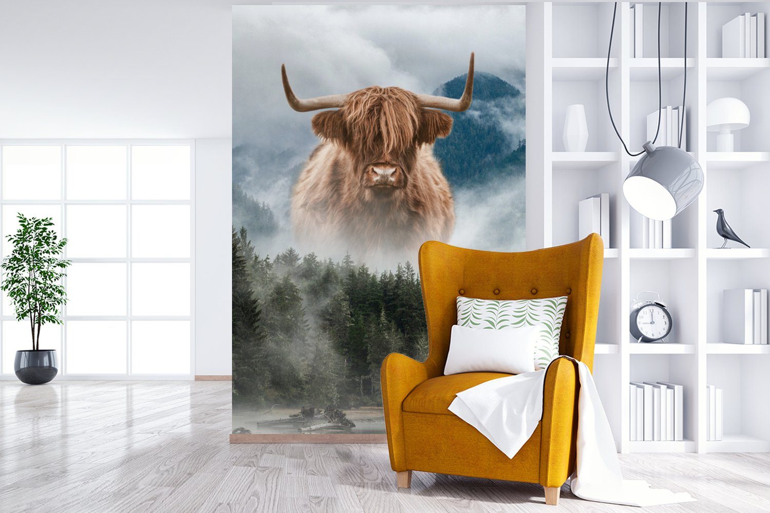 Wohnzimmer, bedruckt, Matt, Berge, - Wandtapete Fototapete Nebel MuchoWow Montagefertig Highlander für Schottische Tapete St), (3 Vinyl -