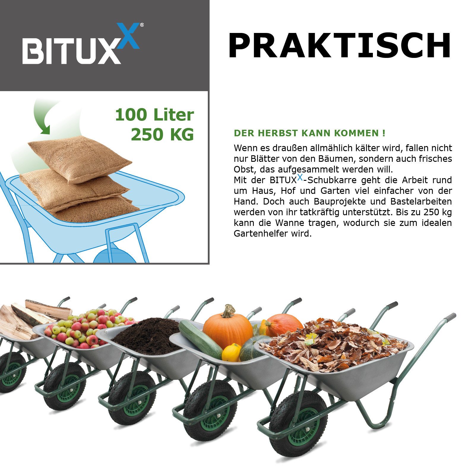 Bituxx Schubkarre 100 Liter 250Kg Dunkelgrün, (MS-16182) – Bild 5 von 5