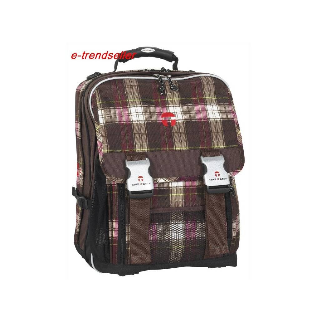 TAKE IT EASY® Schulrucksack TAKE IT EASY Schulrucksack Plaid Braun Pink London Rucksack
