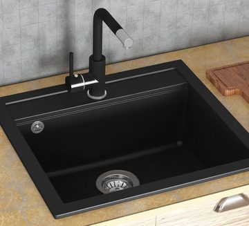 GURARI Küchenspüle SQT 100-601 W+RM-2845-C, (2 St), Einbau Granitspüle Schwarz, inkl. Siphon+Aufrollbare Abtropfmatte