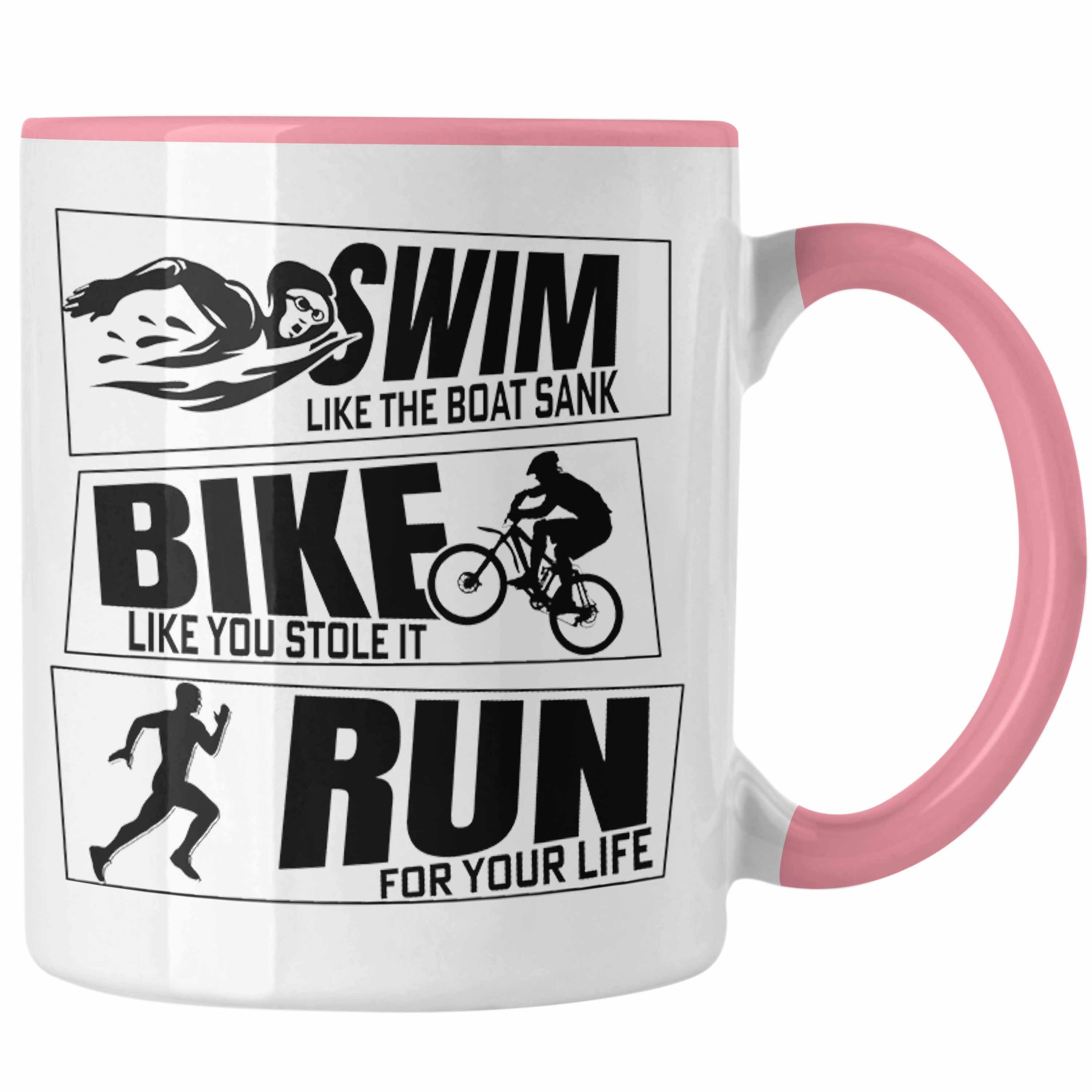 Trendation Tasse Triathlon Tasse Geschenk Spruch für Swim Bike Run Geschenkidee Sportl Rosa