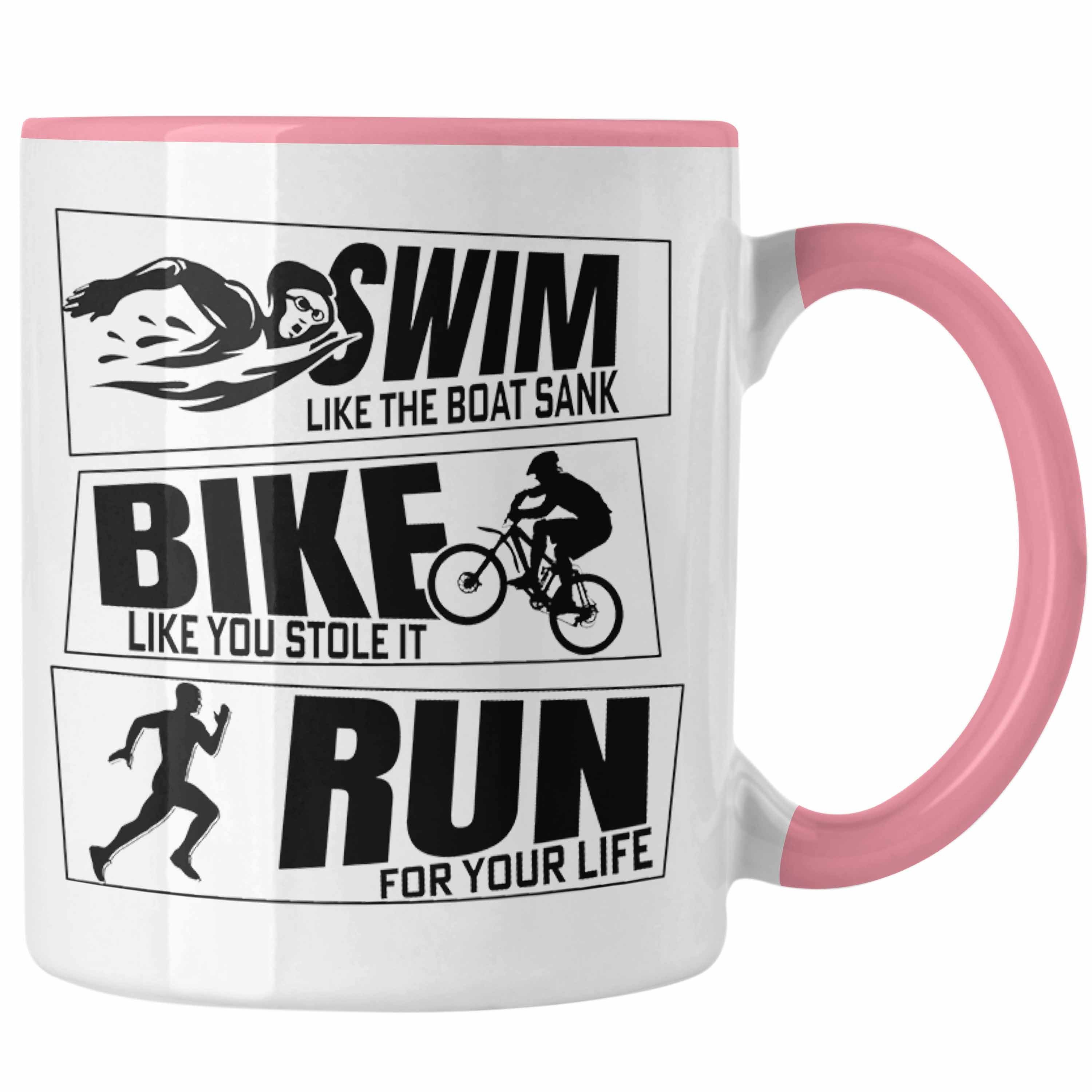 Tasse Trendation Triathlon Bike Geschenkidee für Sportl Geschenk Rosa Spruch Run Swim Tasse