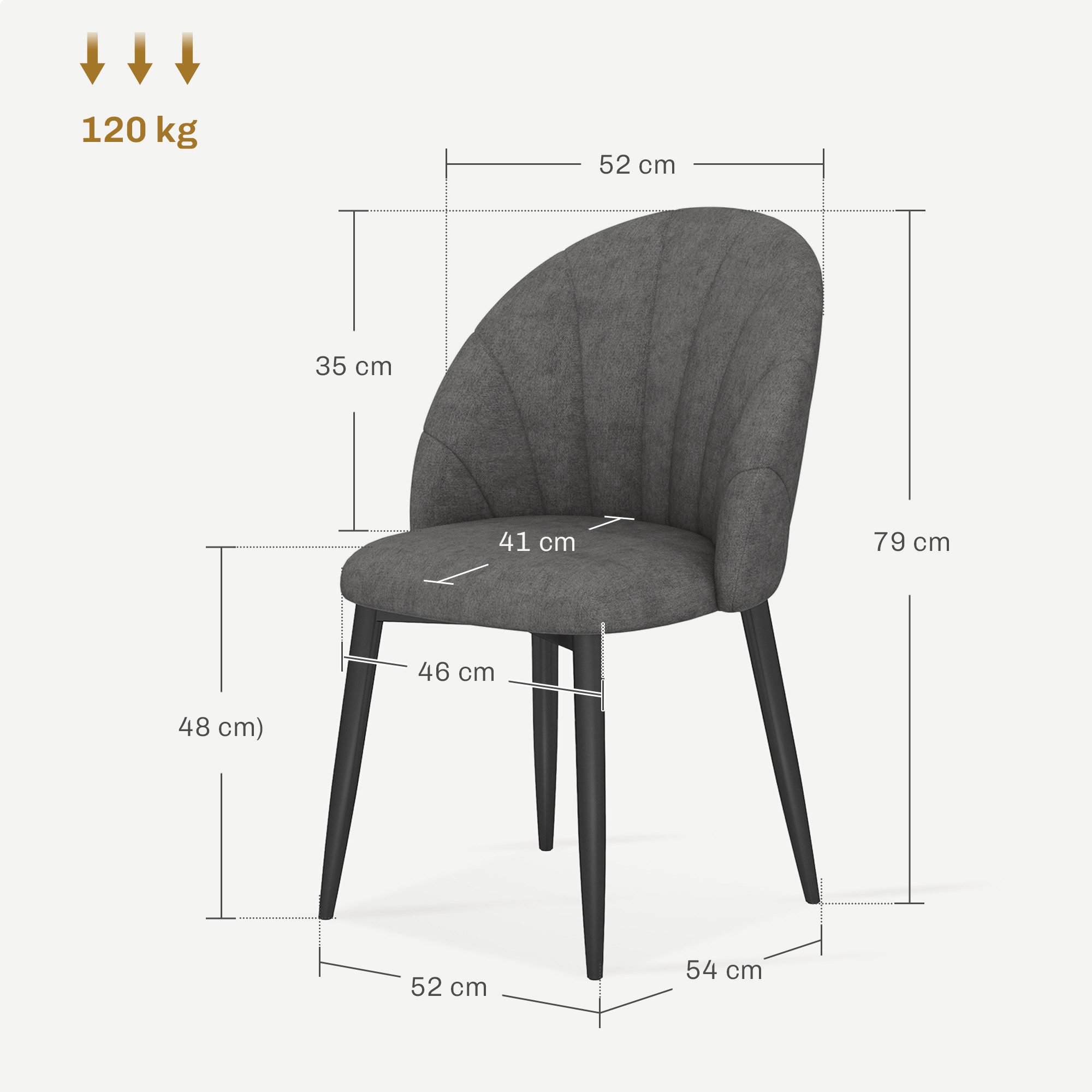 HOMCOM Esszimmerstuhl Moderner Polsterstuhl mit Stahlbeine, ergonomischer Rückenlehne (Küchenstühle in Leinenoptik, 4 St), Dunkelgrau – Bild 3 von 5
