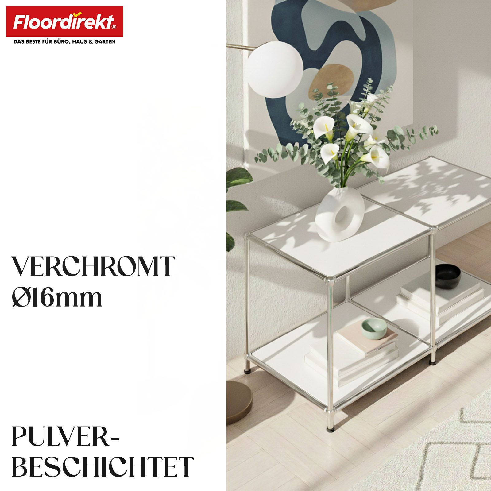 Floordirekt Lowboard Concept Epure MK-016 Sideboard & Ablageregal, B78 × T40 × H46 cm (modular, kratzfeste Pulverbeschichtung), Regal mit offenen Ablagen, verchromtes Metallgestell, Couchtisch