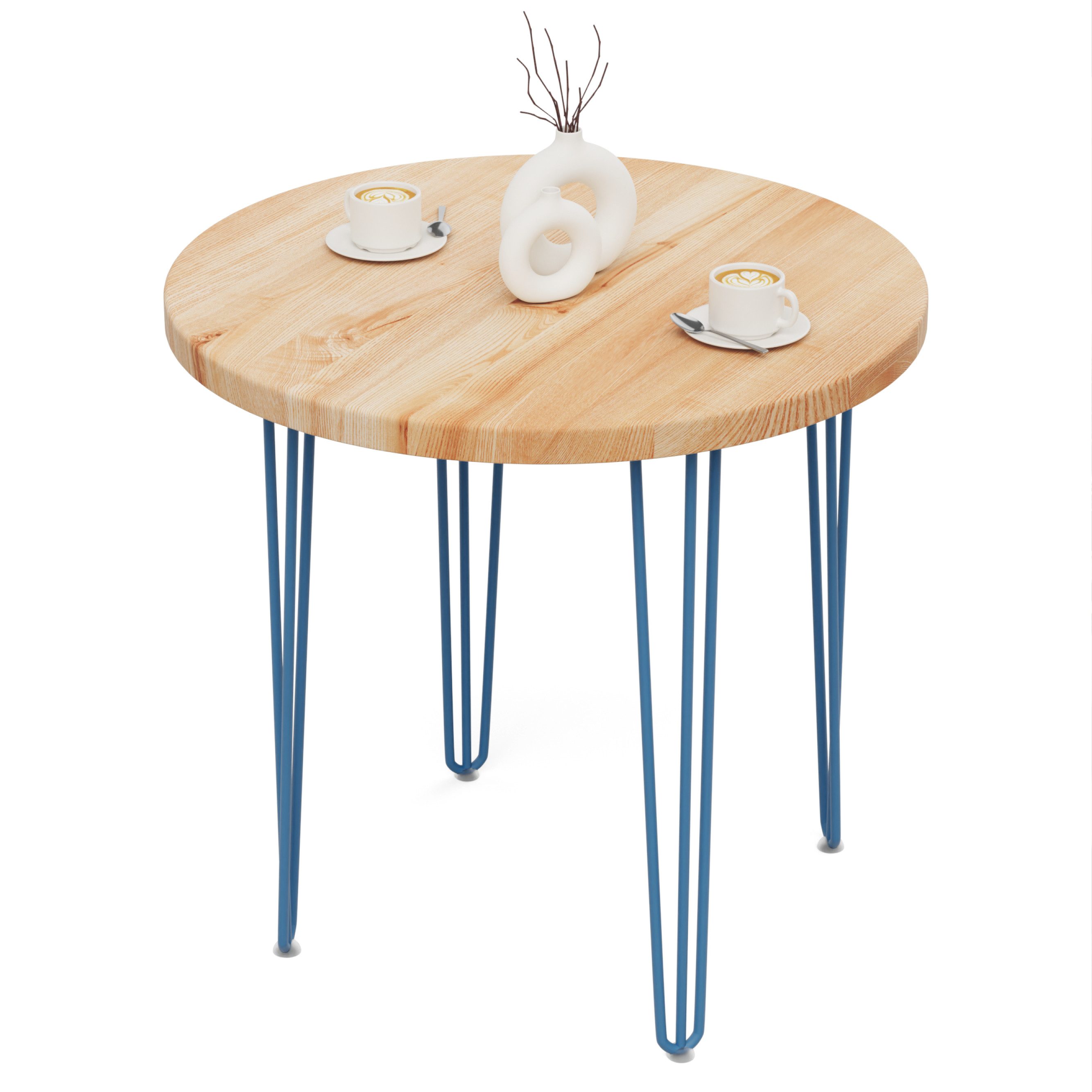 LAMO Manufaktur Esstisch Tisch rund 80 cm Stärke: 40mm, Farbe: Natur, Beine: Blau (1 Tisch), Holztisch rund, Esstisch für 2 Personen Runder Tisch für Küche