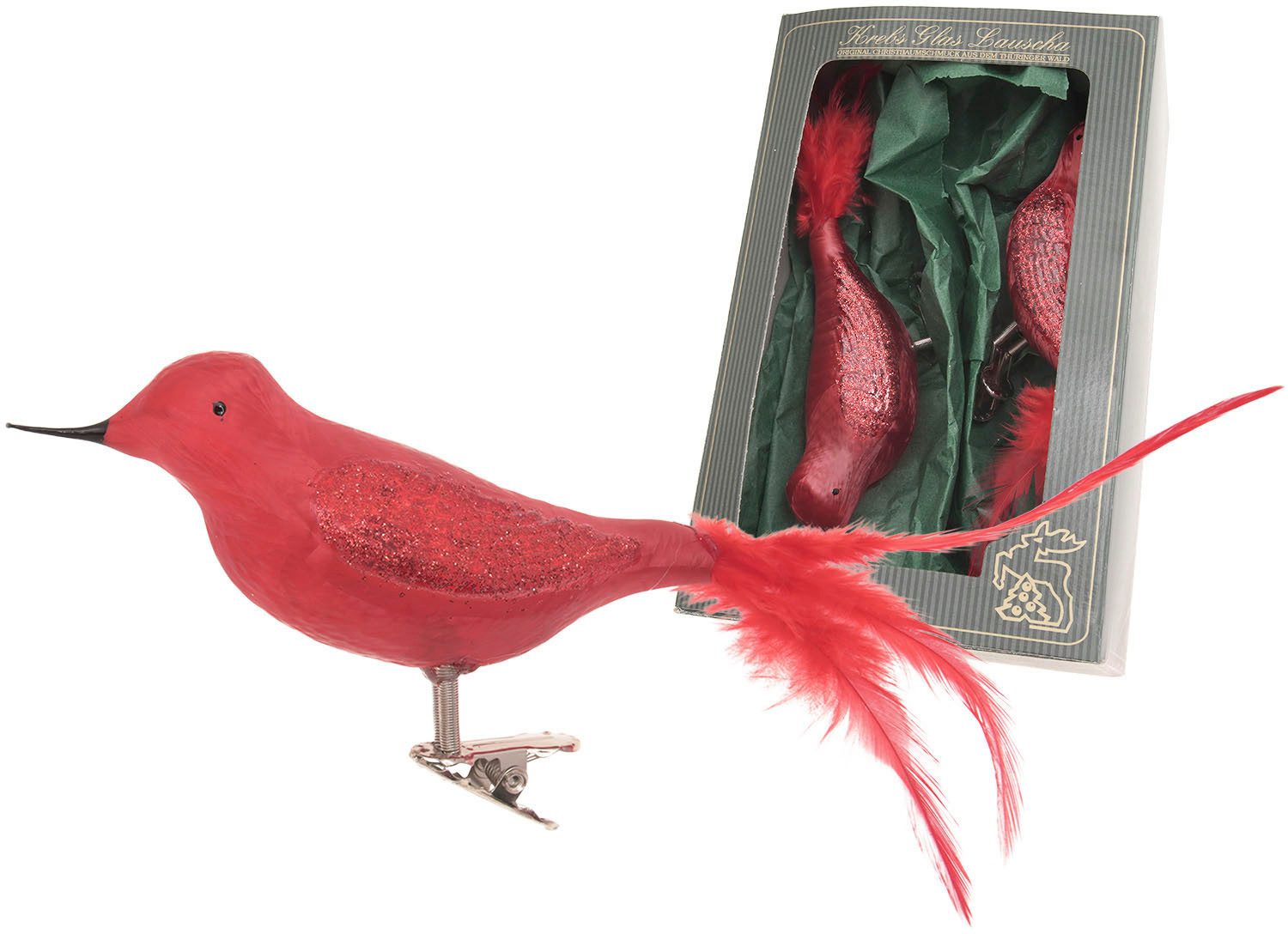 Krebs Glas Lauscha Weihnachtsbaumklammer Amsel, Eislack, unversilbert (2-tlg), Weihnachtsbaumklammern Glas, mundgeblasen, handgefertigt, Glasvogel