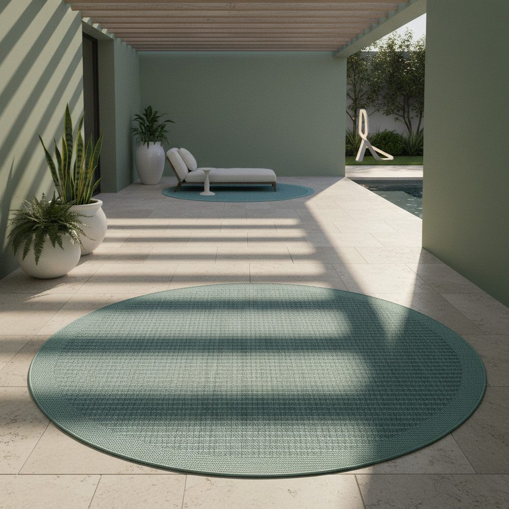 KADIMA DESIGN Outdoorteppich DAFNE Wetterfest UV-Beständig Balkon Waschbar Strapazierfähig Uni, Rund, Höhe: 3 mm, Blau, 120x120 cm, Balkonteppich Fußbodenheizung Waschbar