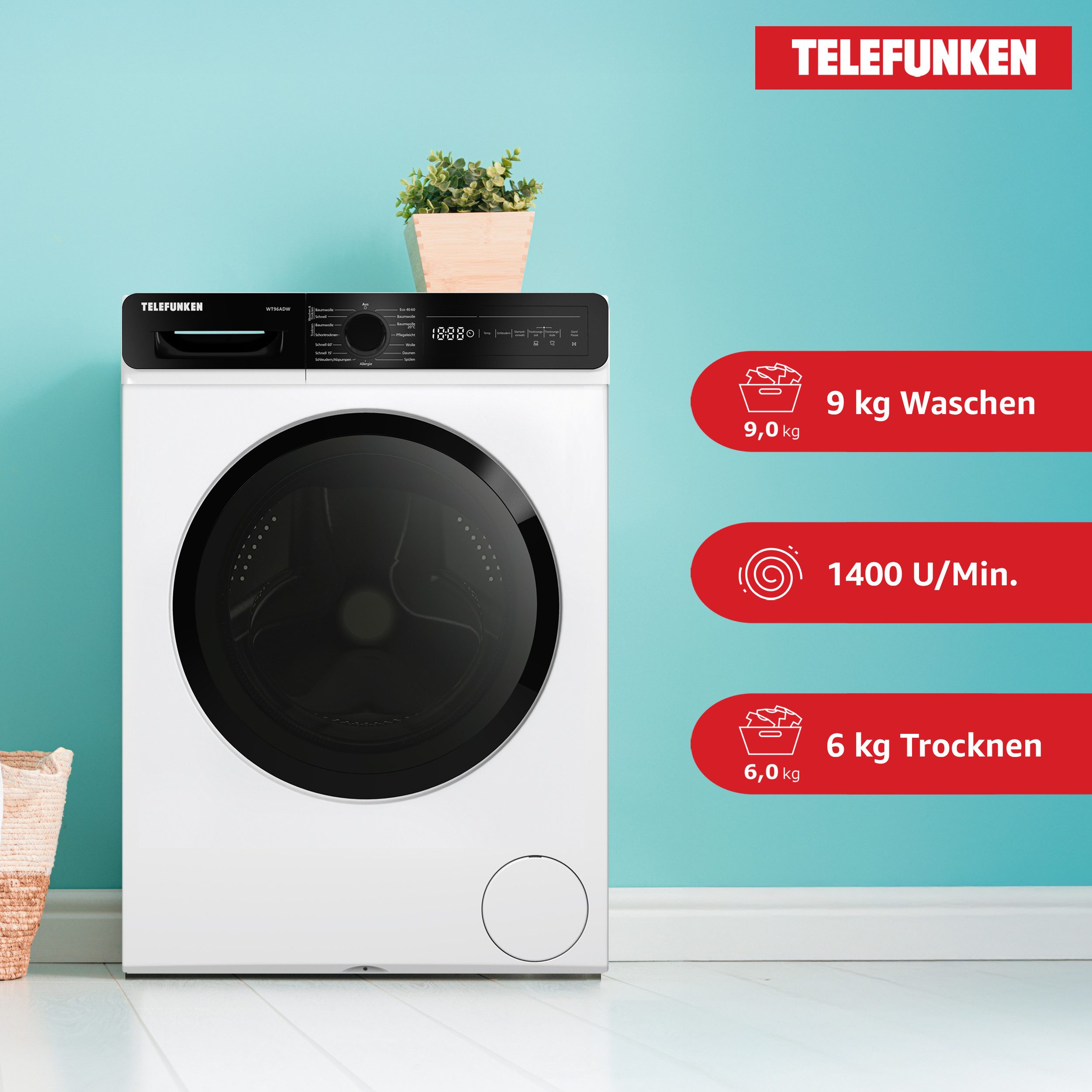 Telefunken Waschtrockner WT96ADW, 9 kg, 6 kg, 1400 U/min, Waschmaschine mit Trockner, 9 kg Waschen / 6 kg Trocknen, Kombi, Weiß