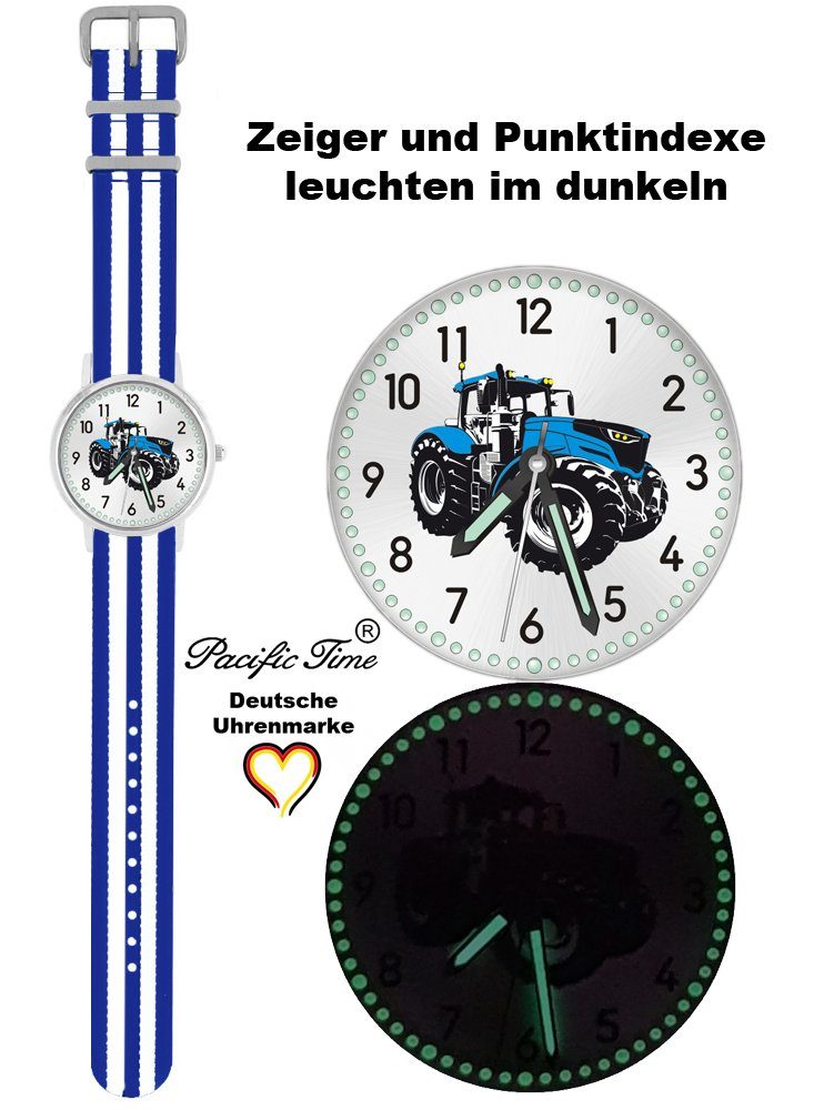 Pacific Time Quarzuhr Kinder und Design Armbanduhr blau - Versand Gratis Wechselarmband, Traktor blau gestreift weiß Mix Match