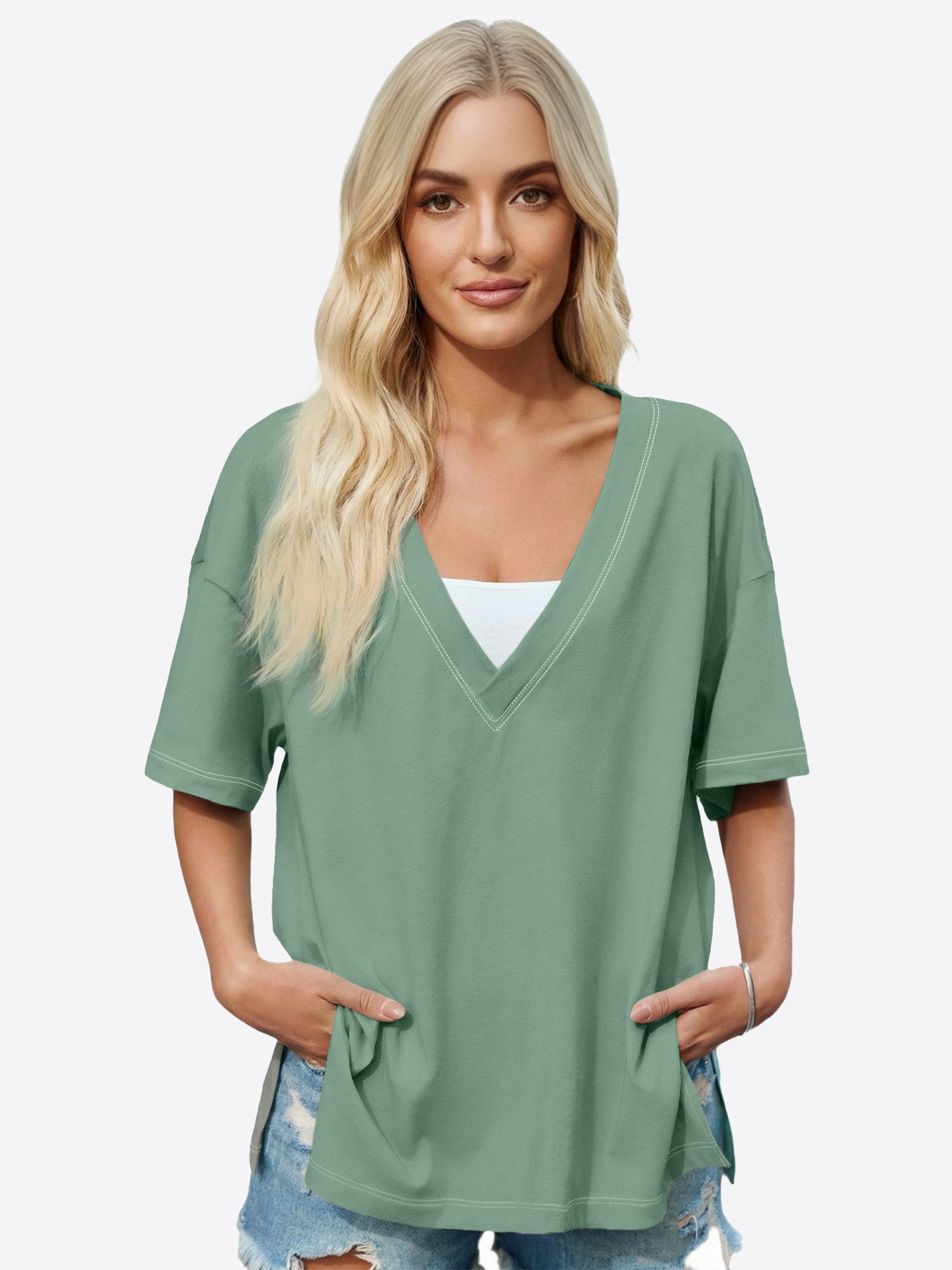 Imily Bela T-Shirt Damen Oversize mit tiefem V-Ausschnitt Cover-up Casual (Packung, 1-tlg., 1per-Pack) mit Seitenschlitzen Kontrastnähten