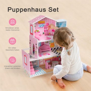 XDeer Puppenhaus Hölzernes Puppenhaus mit Zubehör für Puppen zwischen 7-12 cm, süßes großes Traumhaus, 3+Geschenk für Mädchen