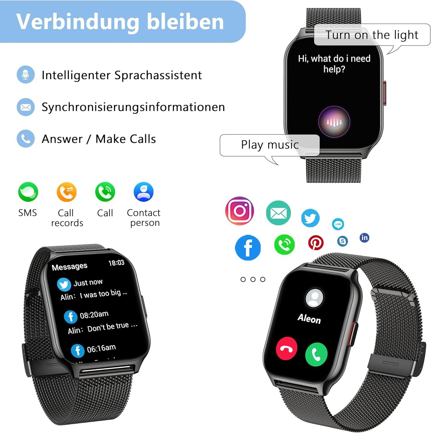 Zevelora Damen's und Herren's Fitness-Tracker Telefonfunktion Smartwatch (5,08 cm/2 Zoll, Android/iOS), mit austauschbarem weichem Silikonarmband, mit Sprachass – Bild 4 von 5