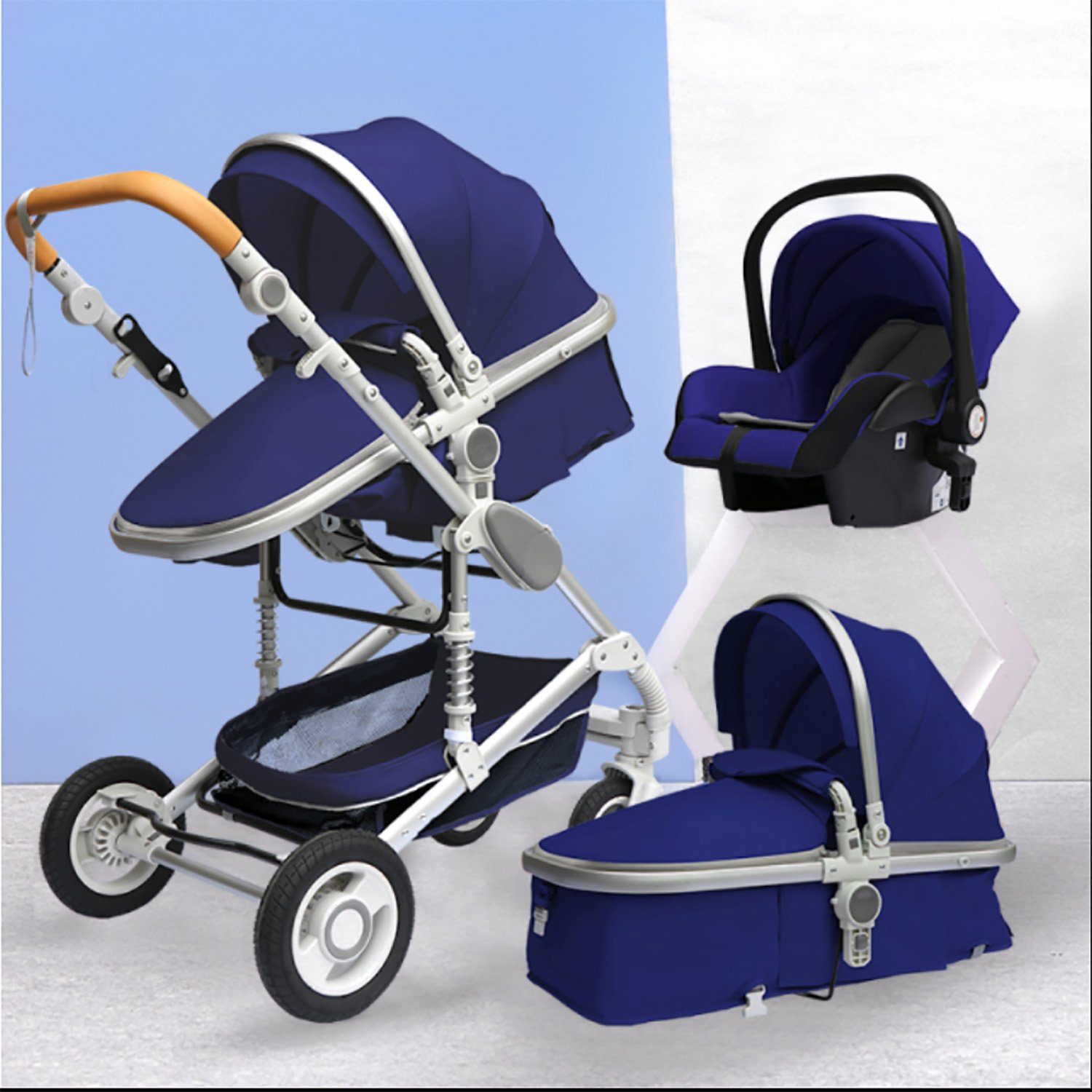 TPFFamily Kombi-Kinderwagen Babyschale Baby Buggy Babywanne 5-Punkt-Sicherheitsgurt Moskitonetz, Getränkehalter Kinderwagen 3 in 1 inkl. großem Zubehörset Blau