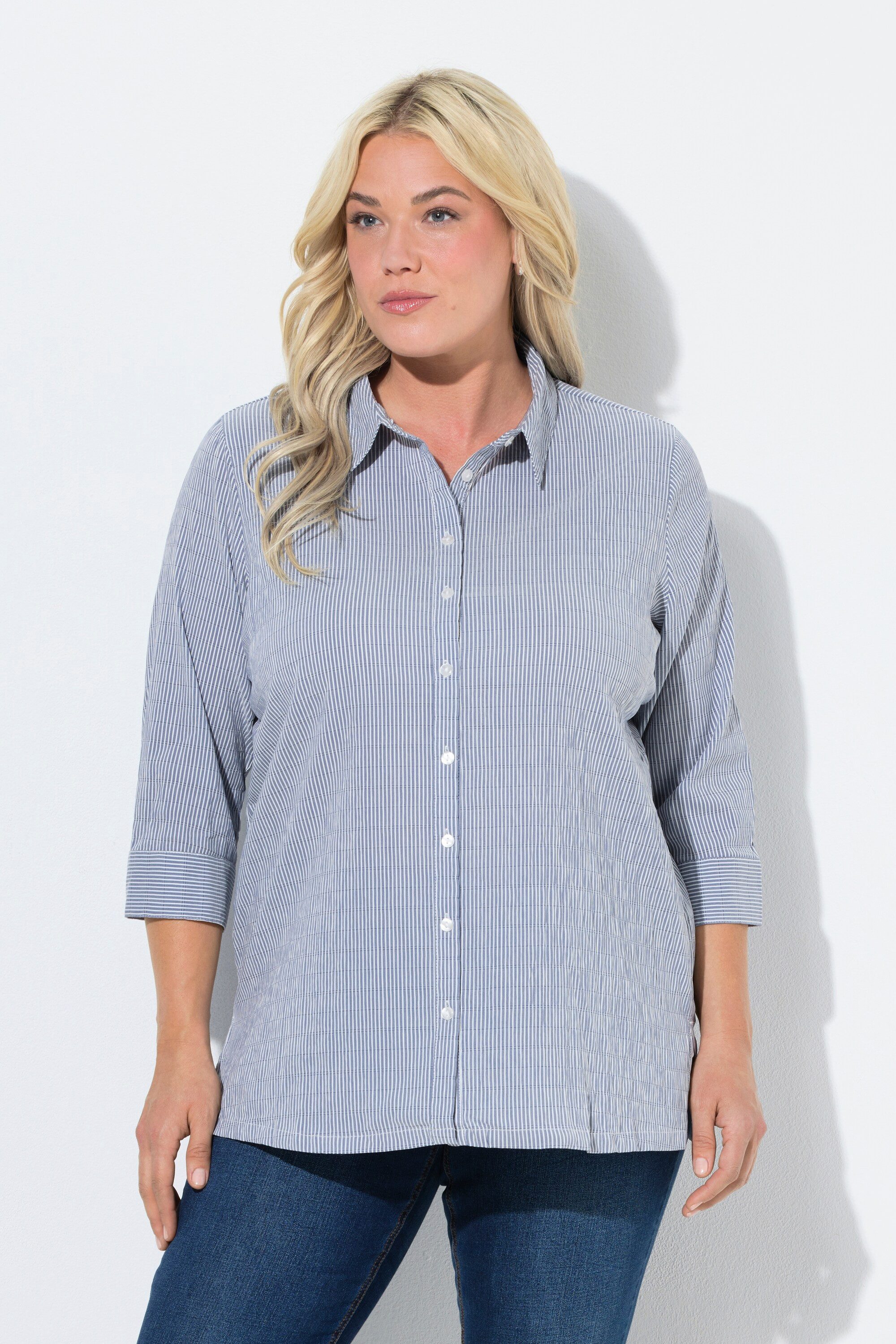 Ulla Popken Hemdbluse Bubble-Bluse Streifen Hemdkragen 3/4-Arm günstig online kaufen