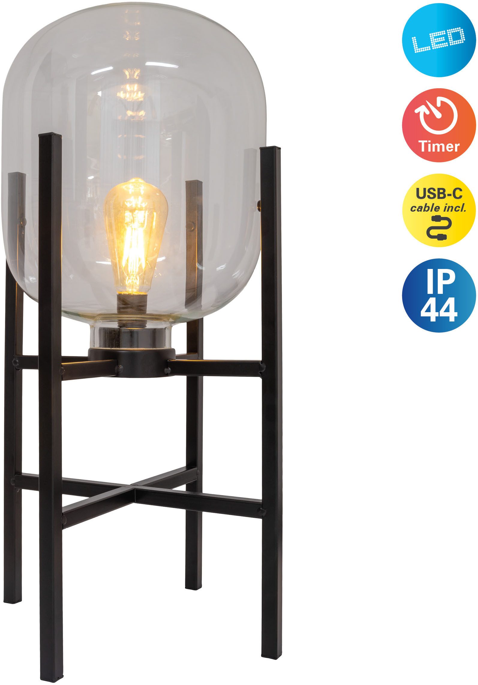 näve LED Sockelleuchte Lora, Ein-/Ausschalter, Timerfunktion, USB-Ladefunktion, LED fest integriert, Warmweiß, Glasschirm, Akku, inkl. USB-C-Kabel 100cm,Timer, Schiebeschalter, IP44