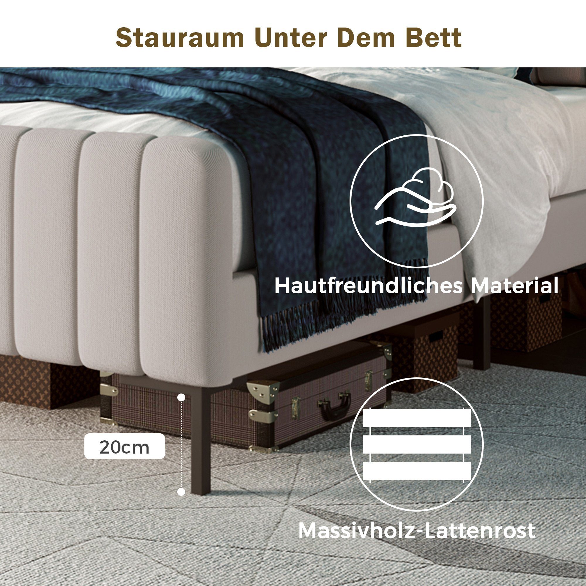 Polsterbett (Doppelbett 180x200 cm), verstellbares Kopfteil, stabiler Lattenrost, Leinen