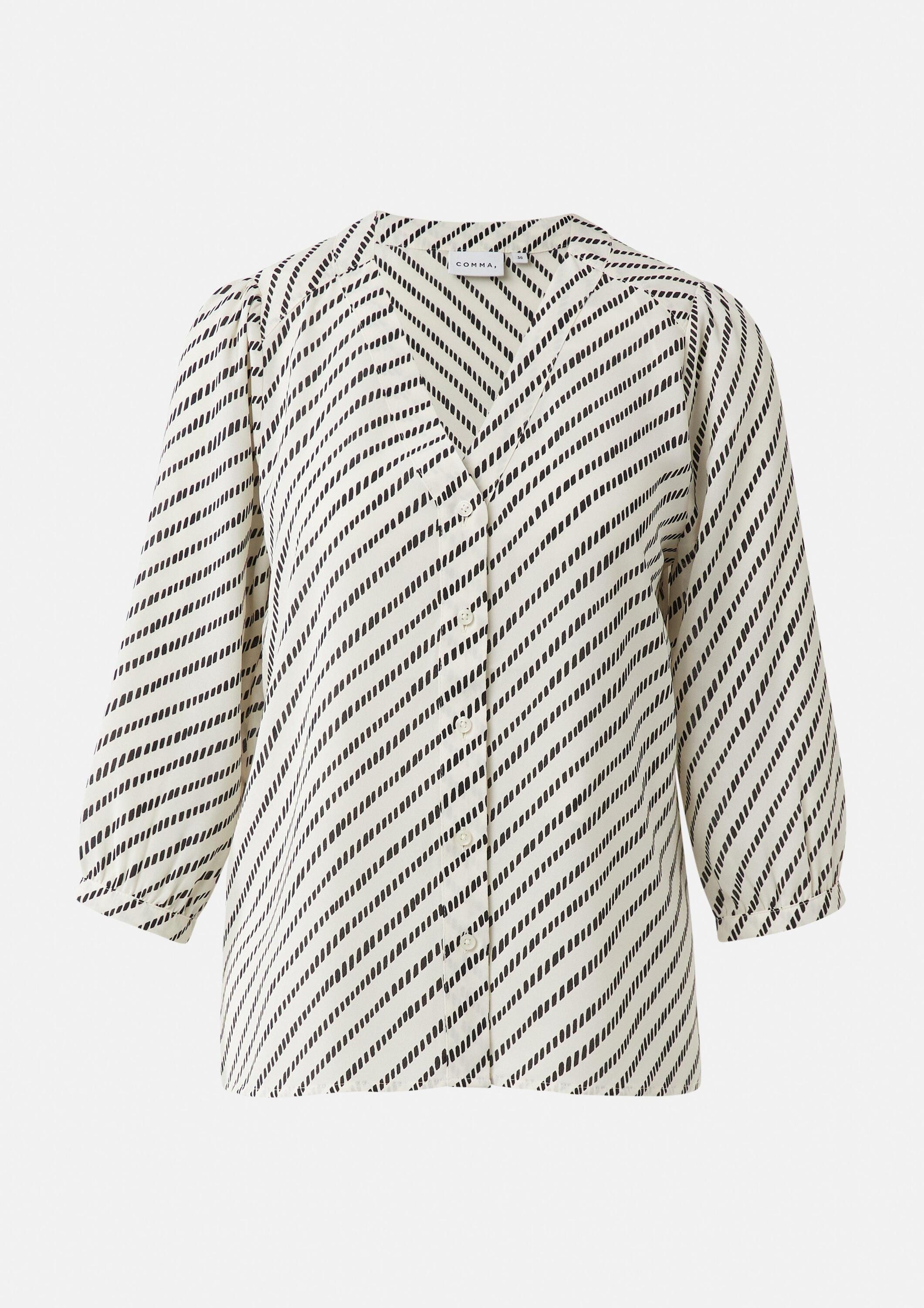 comma Kurzarmbluse Bluse Gemusterte Chiffon-Bluse mit 3/4-Ärmeln und Raffung
