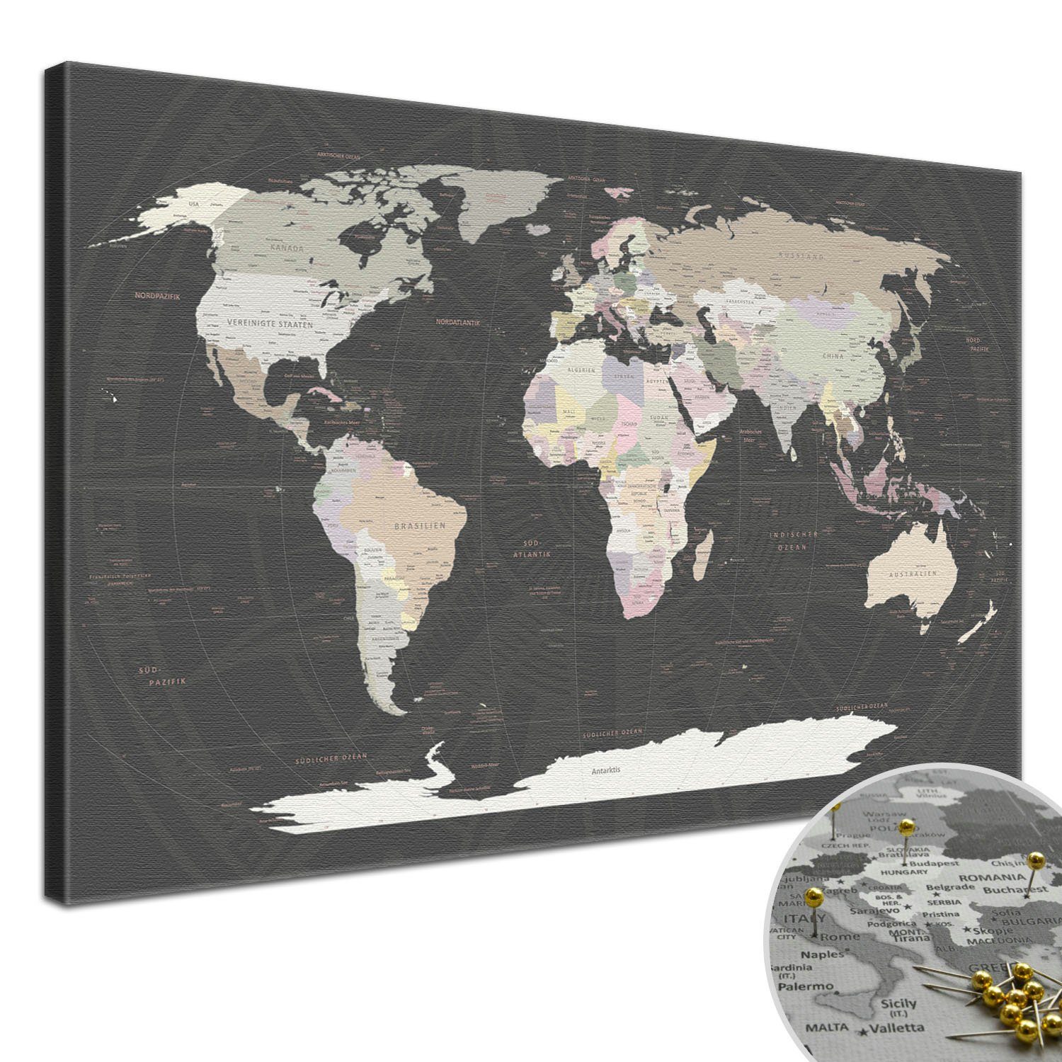 LANA KK Leinwandbild Weltkarte Pinnwand zum markieren von Reisezielen, deutsche Beschriftung Grey