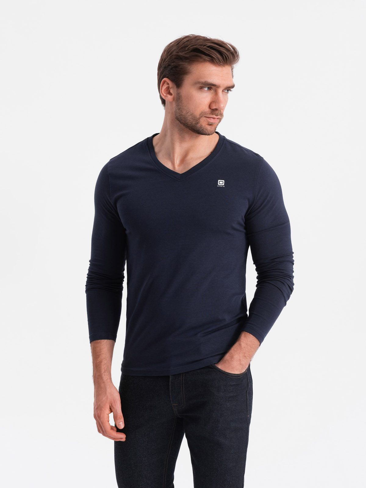 OMBRE Longsleeve Herren-Elastan-Longsleeve mit V-Ausschnitt günstig online kaufen