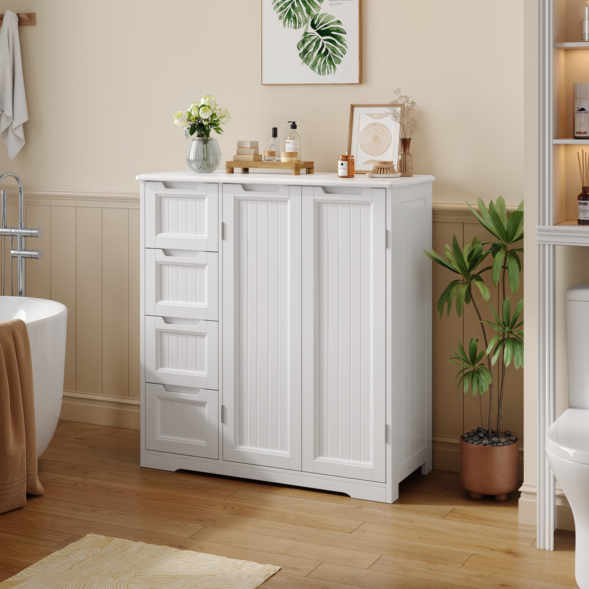 Blishom Kommode Badezimmerschrank 81x30x83 cm, Badschrank mit 4 Schubladen, Küchen-Vorratsschrank mit Verstellbarem Einlegeboden