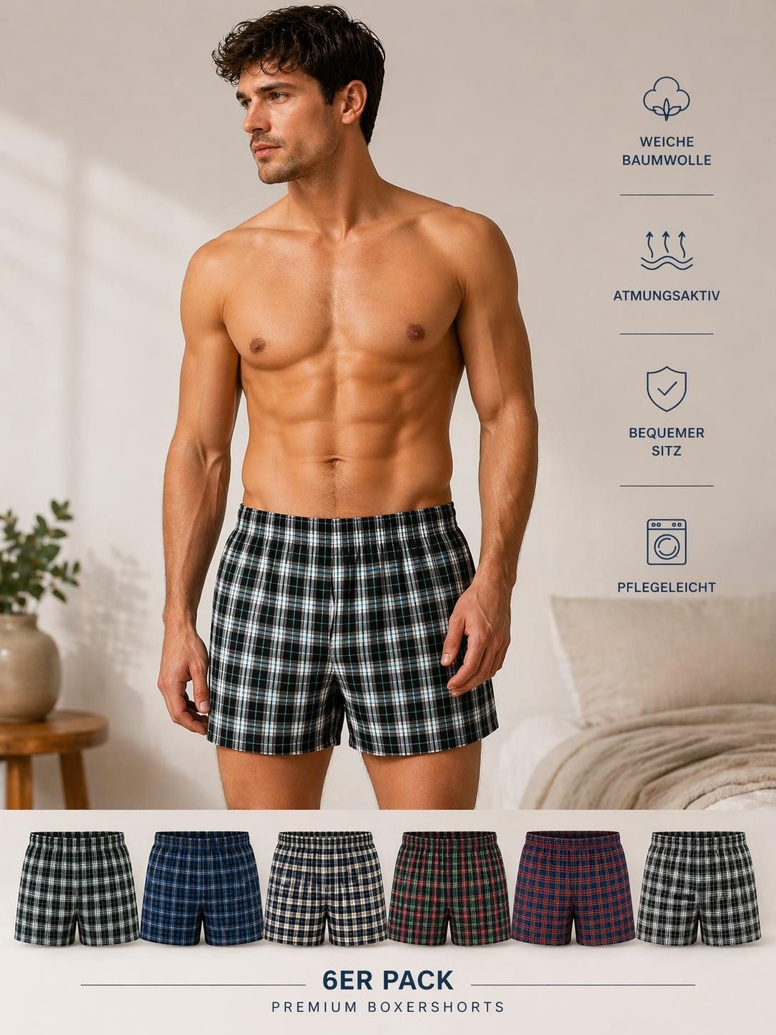 EloModa Boxershorts Herren Boxershorts 6er Pack 100% Baumwolle – elastischer Bund, Eingrif (6-St) 6er Pack Herren Boxershorts – Bild 2 von 2