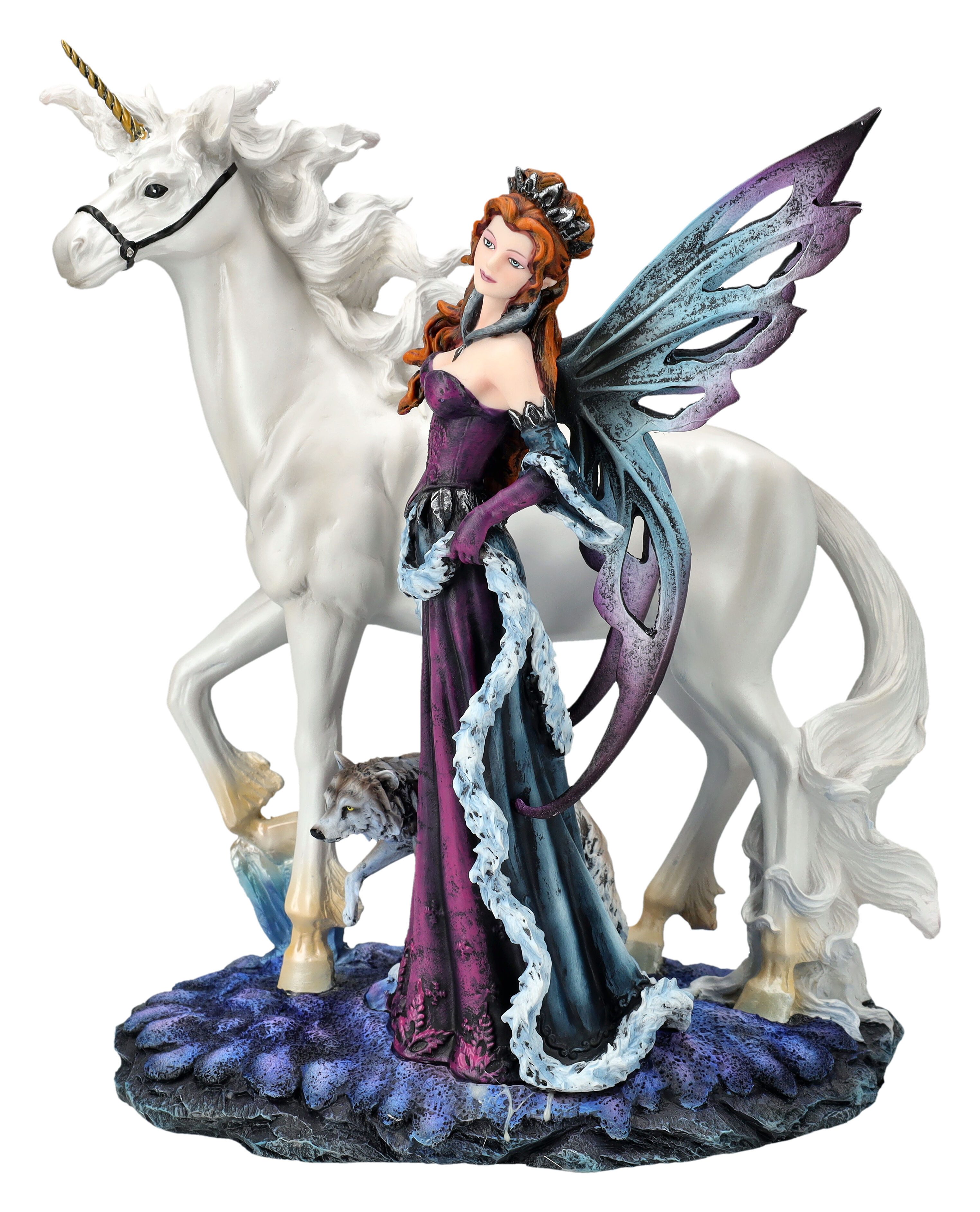 Figuren Shop GmbH Dekofigur Elfenfigur - Maela mit Einhorn und Wolf - Elfe Fee Fantasy Dekofigur