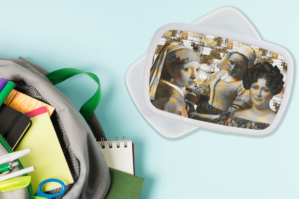 Erwachsene, für Kinder und Collage (2-tlg), Lunchbox - weiß Gold, für Mädchen MuchoWow Mondrian Brotdose, - und Brotbox Kunststoff, Jungs