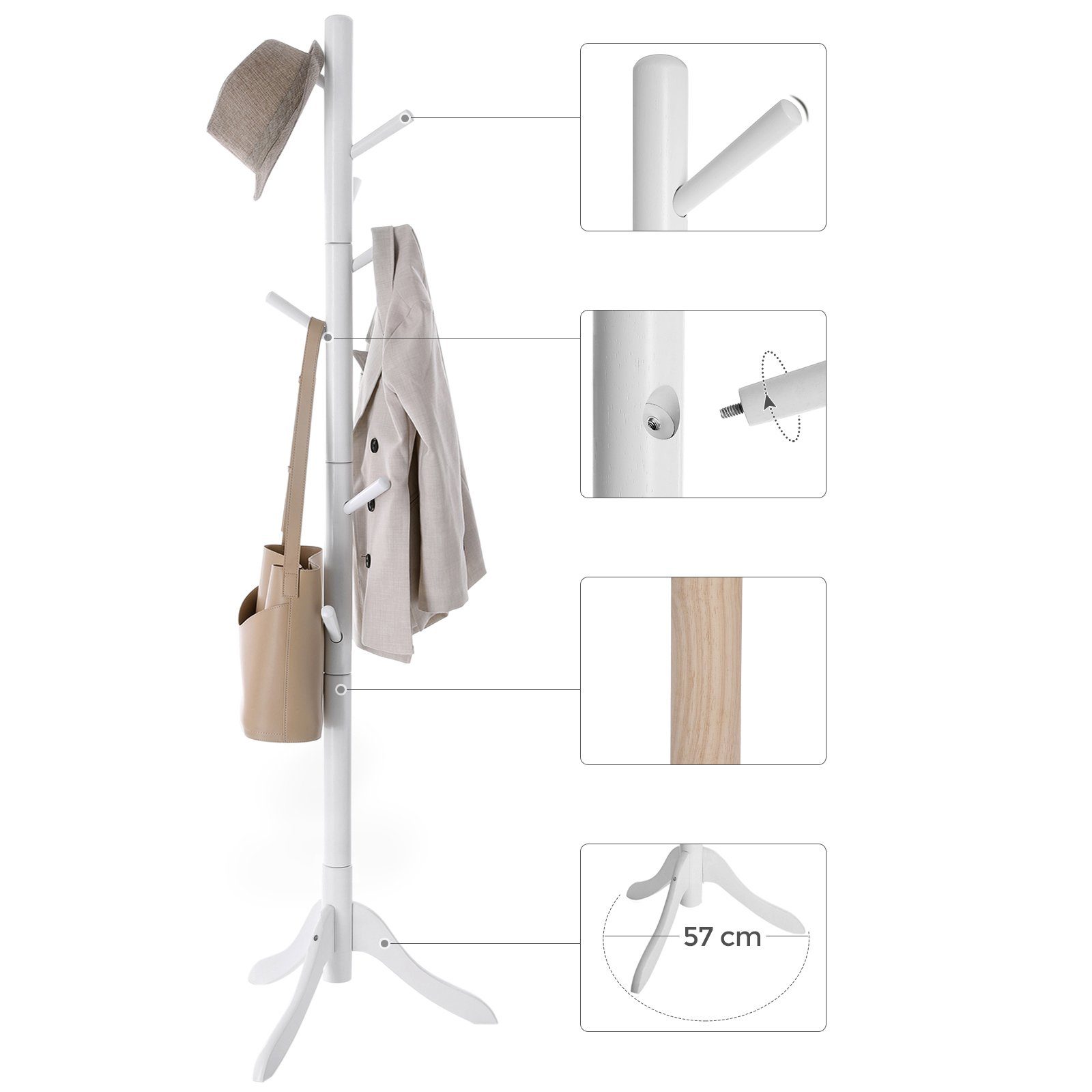 Massivholz, 8 mit Kleiderständer, VASAGLE Garderobenständer Weiß Haken Baumform, aus