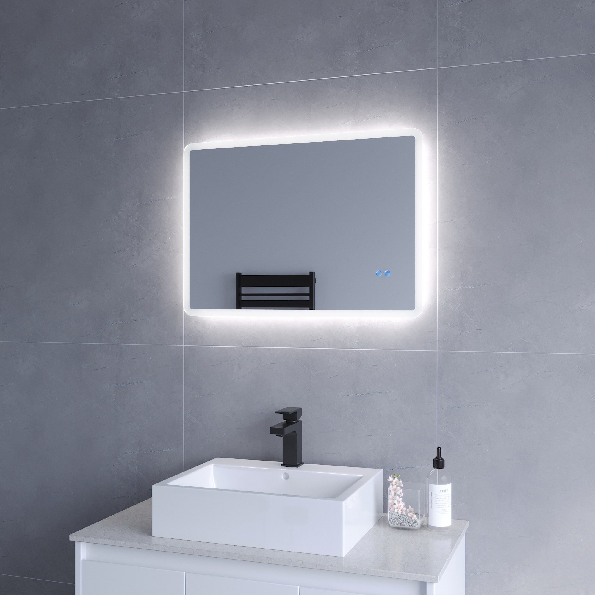 AQUABATOS Badspiegel LED Badspiegel mit Beleuchtung Lichtspiegel 80x60cm 70x50cm (Badezimmerspiegel Bad Spiegel Led Badezimmerbeleuchtung Spiegel Led Touch Wandspiegel Silber mit Rahmen Kaltweiß 6400k, Abgerundete Ecken, Dimmbar, Beschlagfrei), Umweltschutz und Energiesparend, IP44, Touch-Funktion