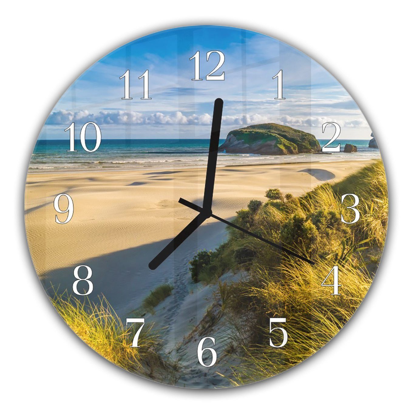 Rund mit Sonnenschein Durchmesser und Glas Primedeco aus mit Strandsicht cm Motiv im Quarzuhrwerk - 30 Wanduhr Wanduhr