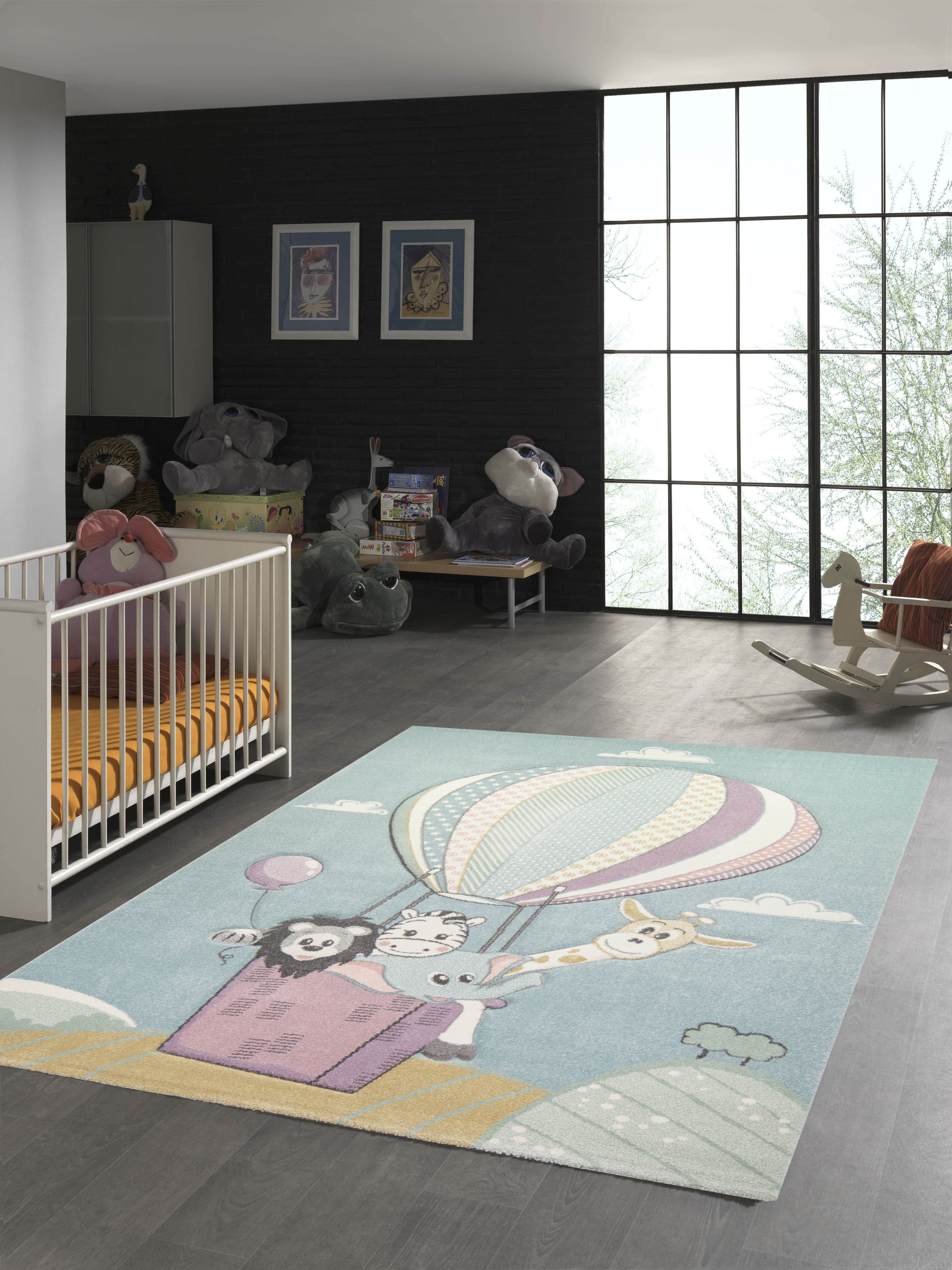 TeppichHome24 Kinderteppich Kinderteppich Heißluftballon Tiere in pastell blau, rechteckig, Höhe: 1.3 mm