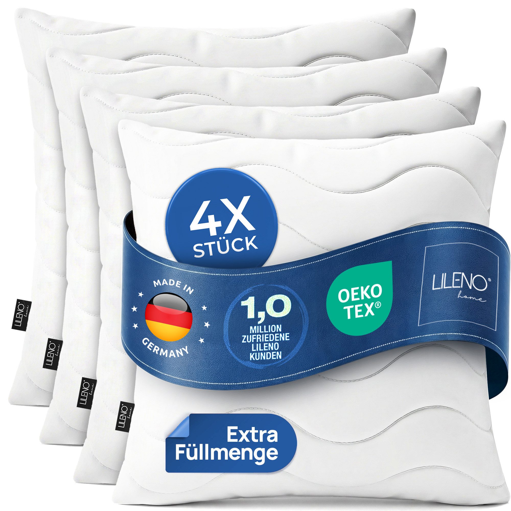 LILENO HOME Kopfkissen LILENO HOME Allergiker Kopfkissen Oeko-Tex & - Made in Germany, Füllung: 100% Polyester, Seitenschläfer, Bauchschläfer, Rückenschläfer, Spar-Set, 4er Set, Kopfkissen 80x80 cm HART mit 1.200g Füllung, allergikergeeignet