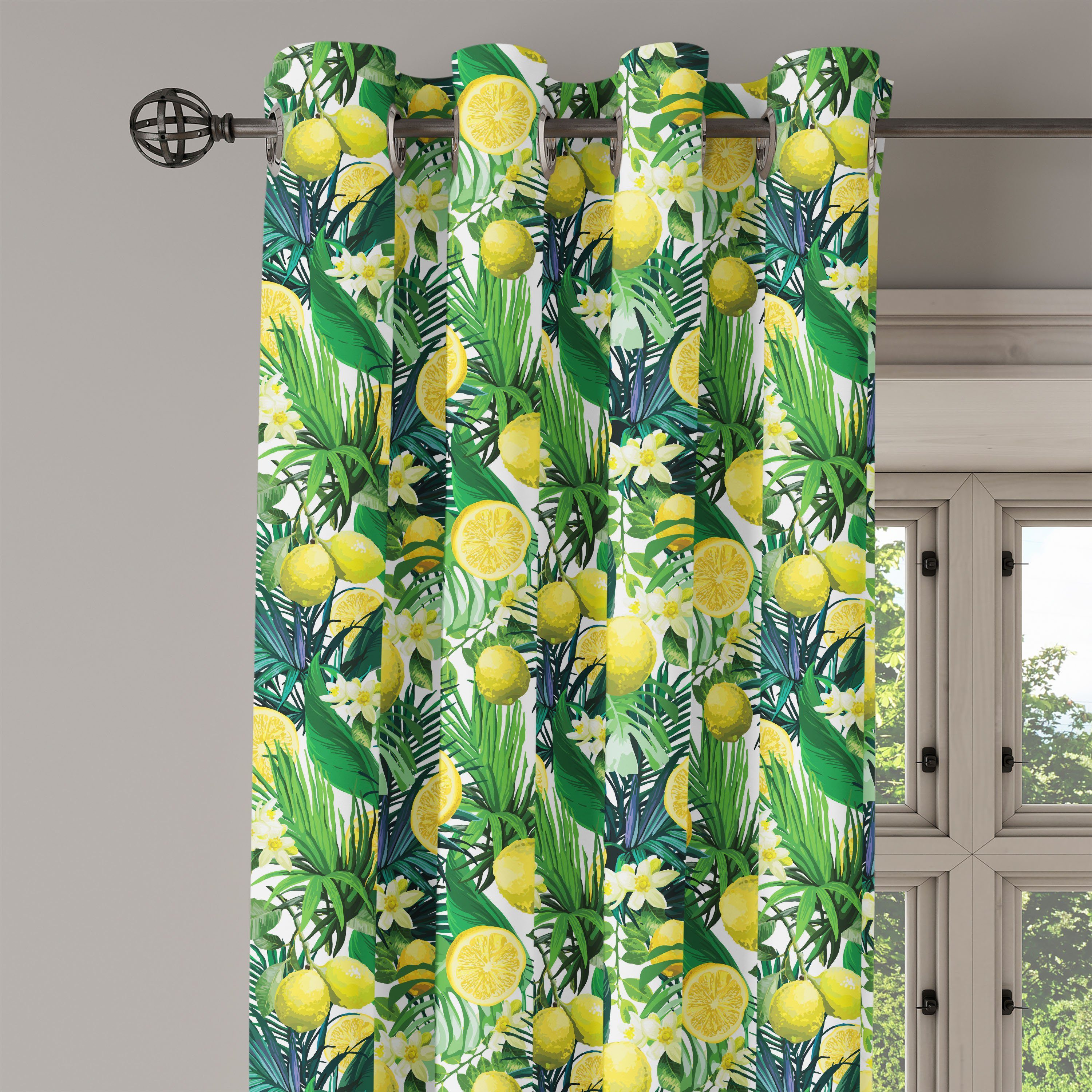 Dekorative für Green Gardine Leaf Abakuhaus, Schlafzimmer Exotische Wohnzimmer, 2-Panel-Fenstervorhänge Pflanzen Dschungel