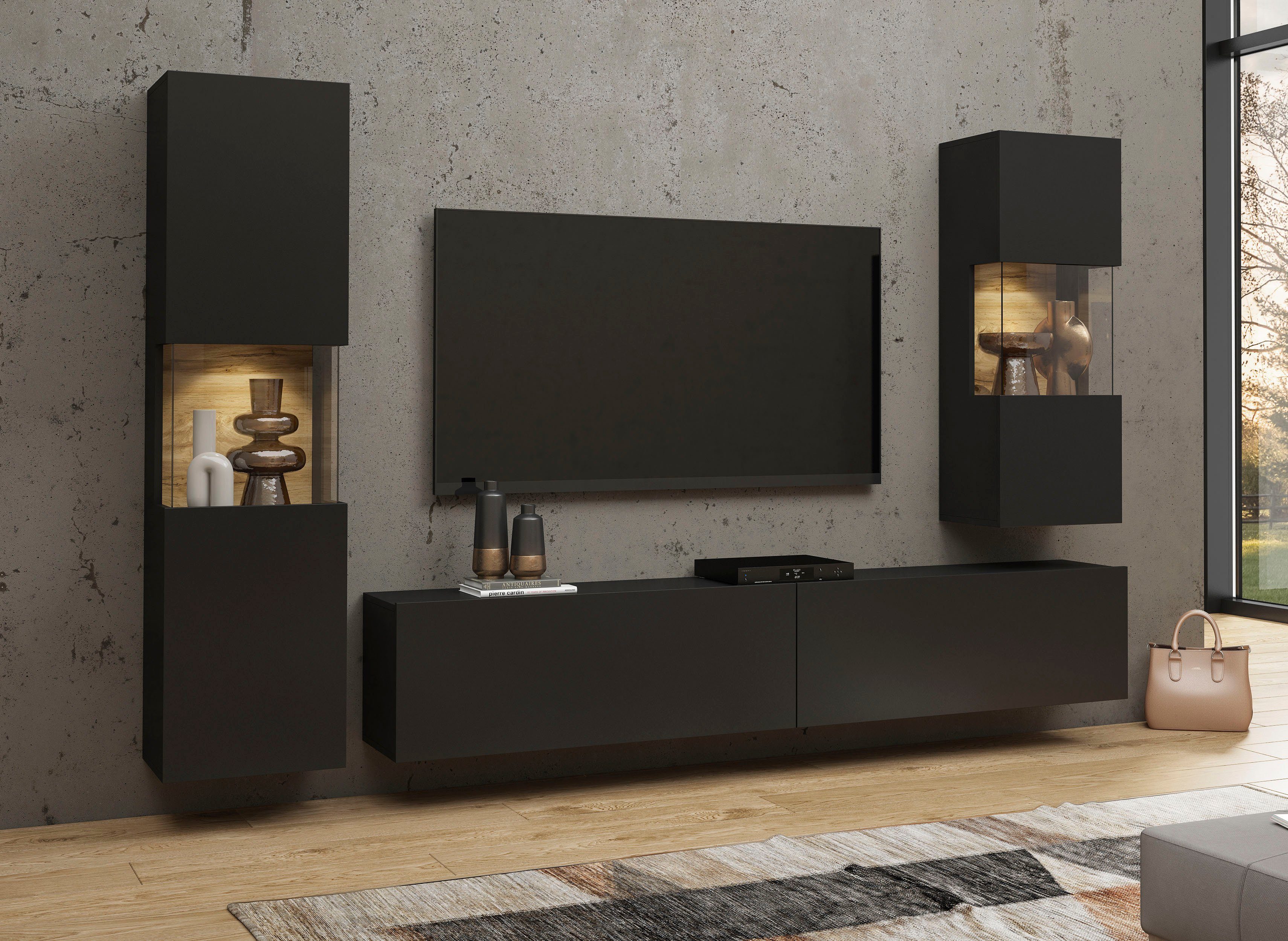 Home affaire Hängevitrine Ava, Breite 36 cm, hängend montierbar moderne grifflose Vitrine, Eckverglasung