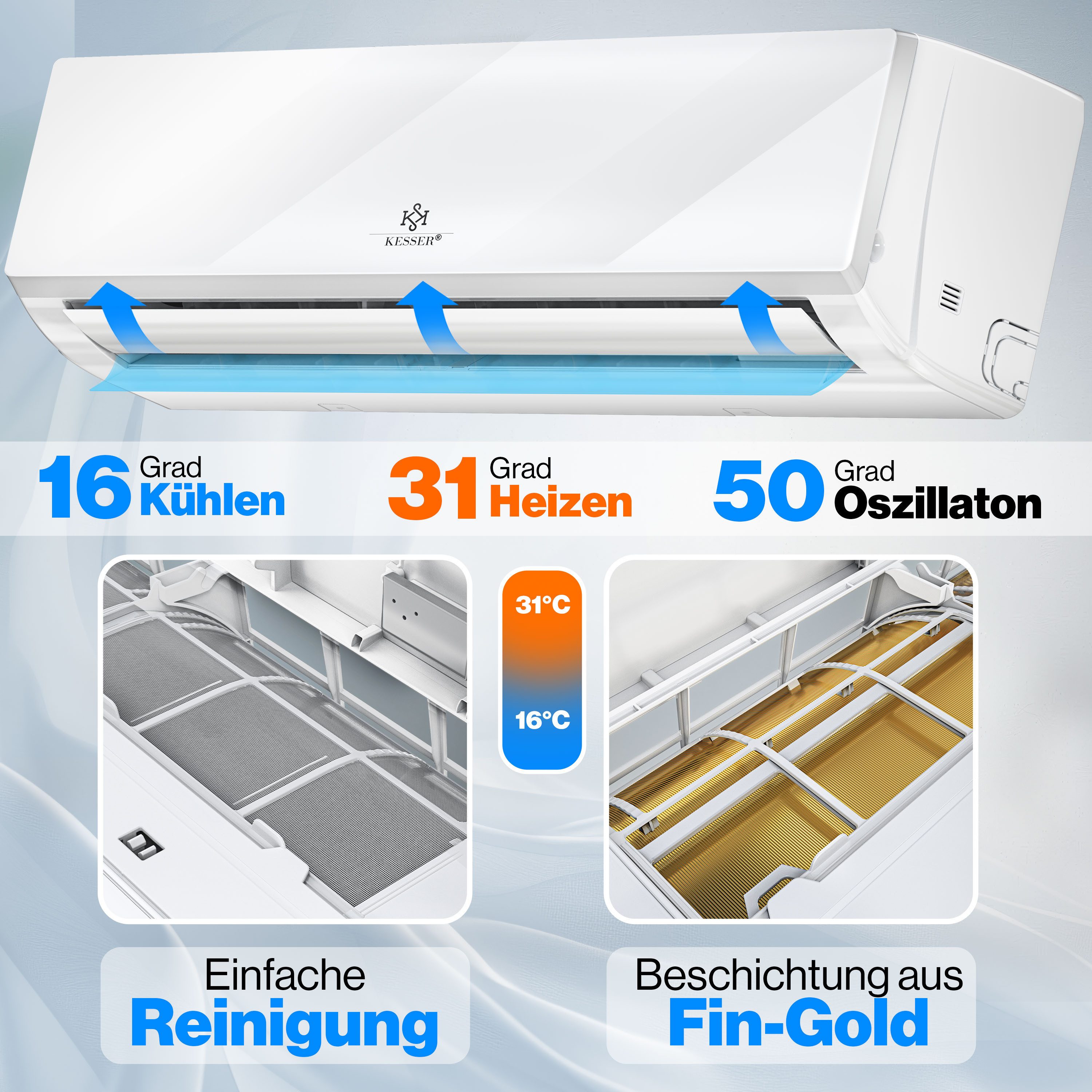 KESSER Split-Klimagerät Klimaanlage Set Split - mit WiFi/App Funktion Klimagerät 12000 BTU/h, Kühlen A++/ Heizen A+ - 3400 Watt Kältemittel R32