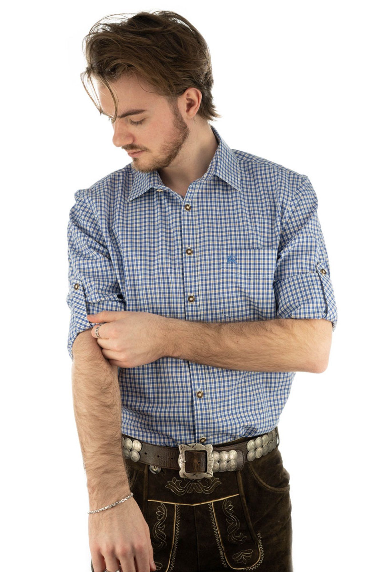 OS-Trachten Trachtenhemd Vakas Langarmhemd mit Krempelärmeln Hirsch-Stickerei auf der Brusttasche und kornblau