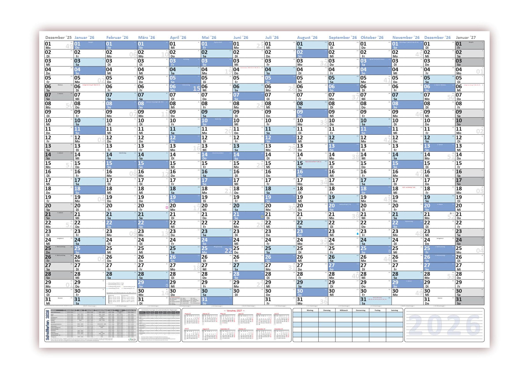 Wandkalender XXL Wandkalender DIN B1 2026 blau, nass abwischbar